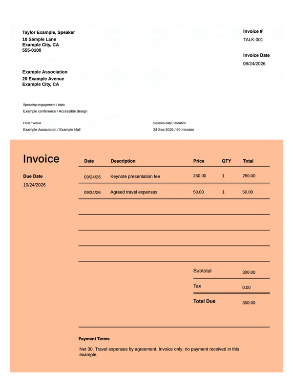 Guest Speaker Invoice editable example