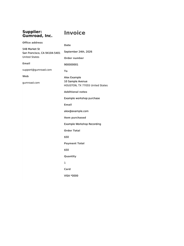 Gumroad Purchase Invoice editable example