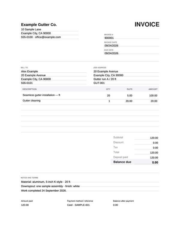 Gutter Installation and Service Receipt editable example