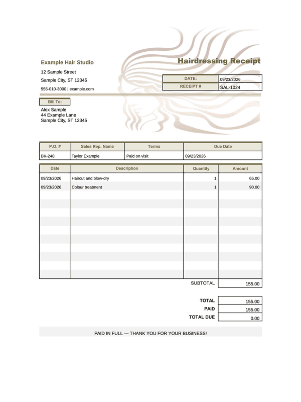 Hair Salon Receipt editable example