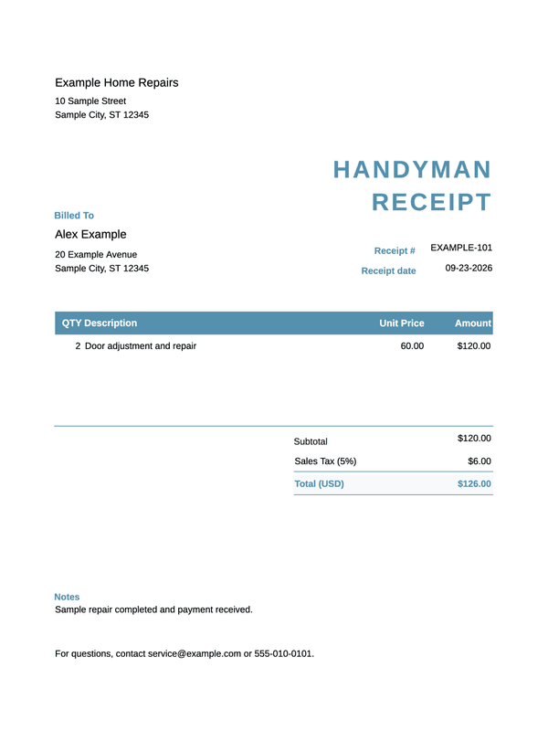 Handyman Receipt editable example
