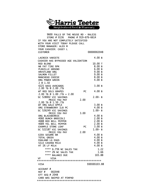 Harris Teeter Grocery Receipt editable example