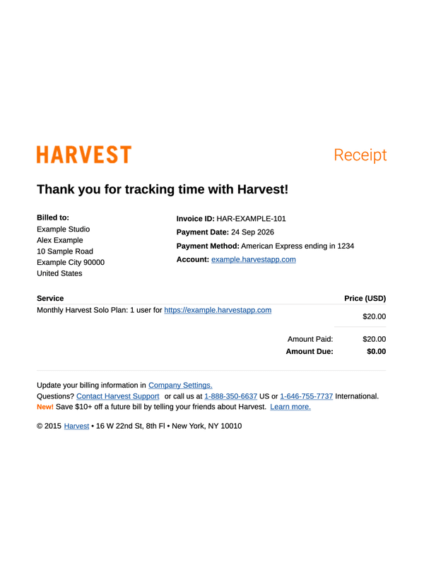 Harvest Subscription Receipt editable example