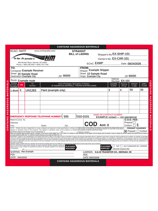 Hazardous Materials Freight Receipt editable example