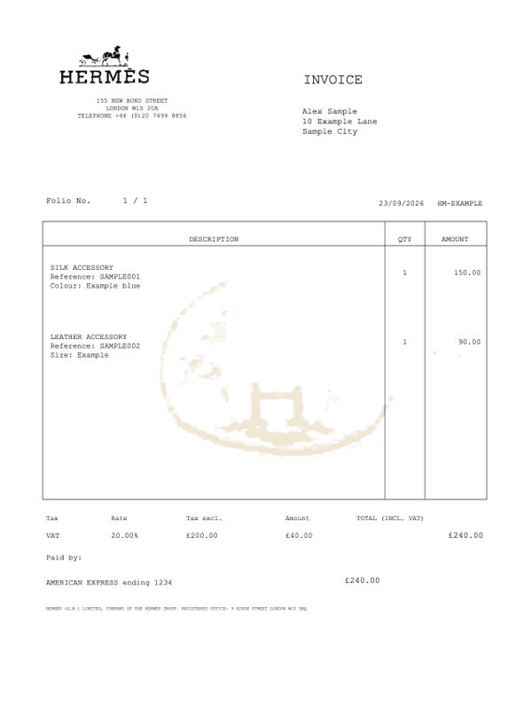 Hermès Boutique Receipt editable example