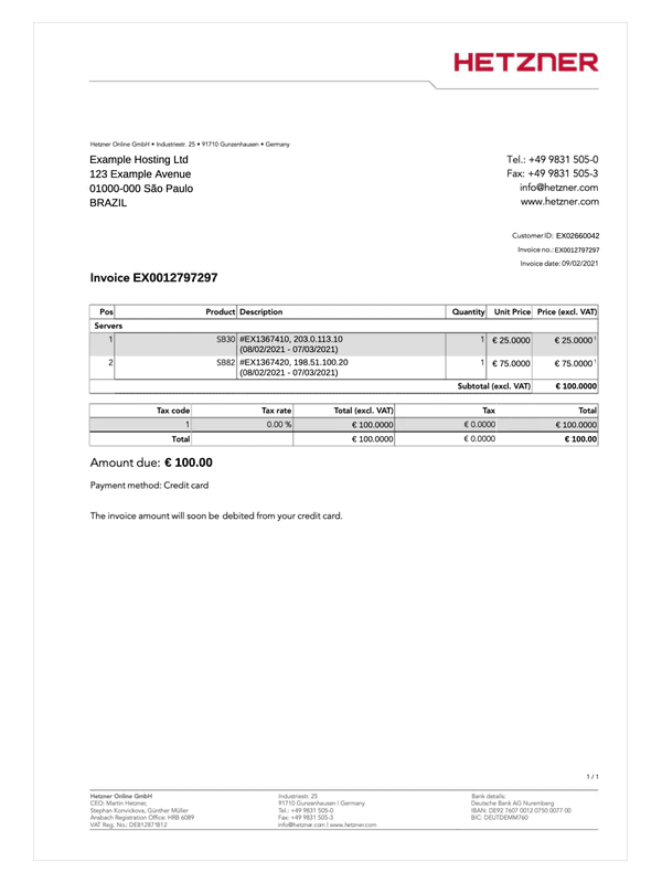 Hetzner Server Invoice editable example