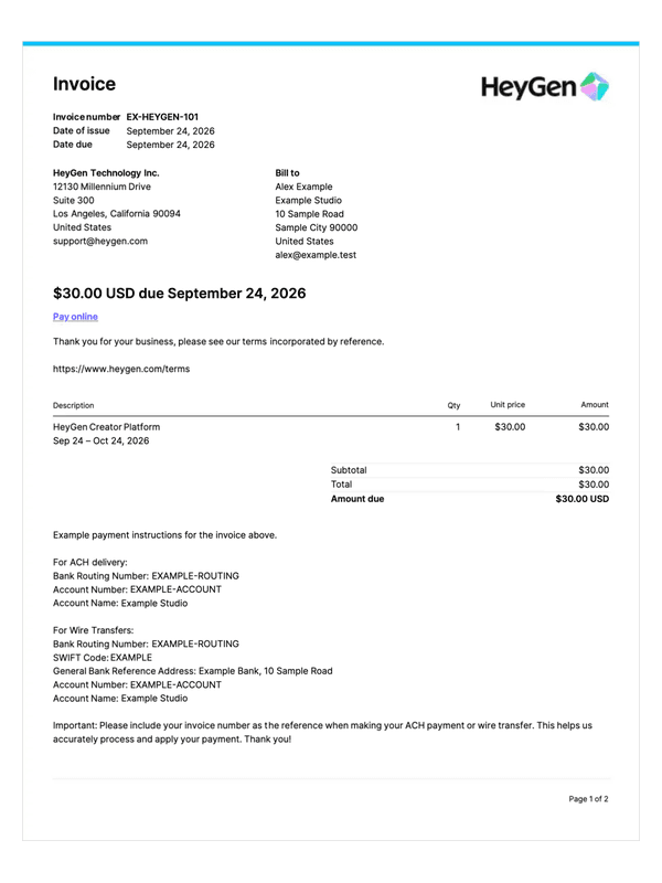 HeyGen Subscription Invoice editable example