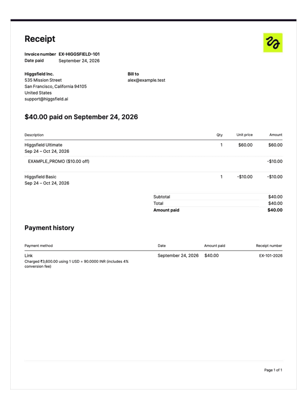 Higgsfield Subscription Receipt editable example