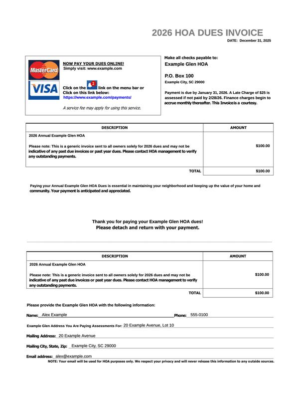 HOA Assessment Invoice editable example