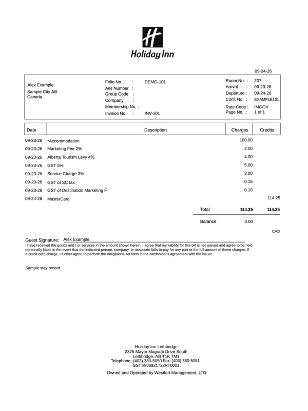 Holiday Inn Receipt editable example