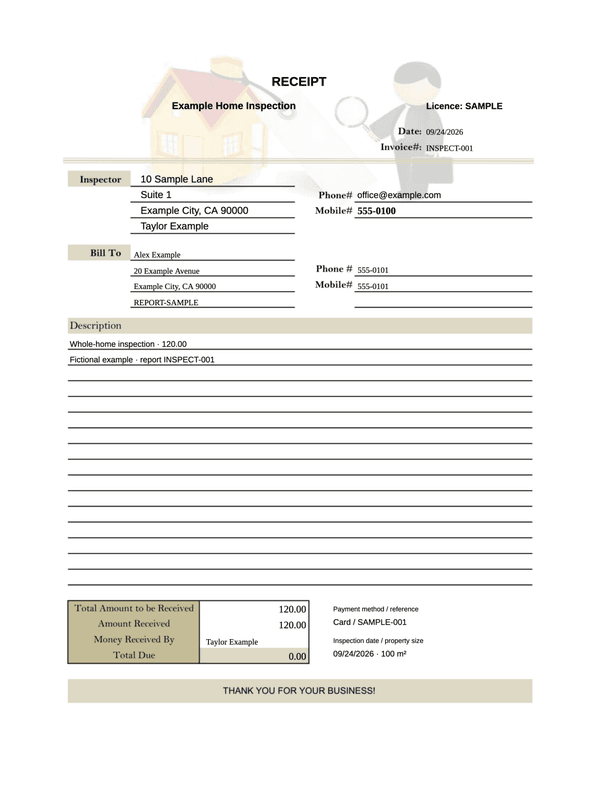 Home Inspection Receipt editable example