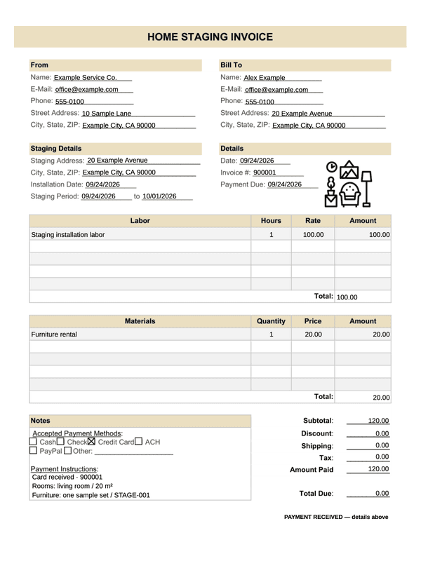 Home Staging Receipt editable example