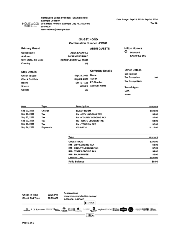 Sample US hotel folio with stay dates, charges, payment, and balance