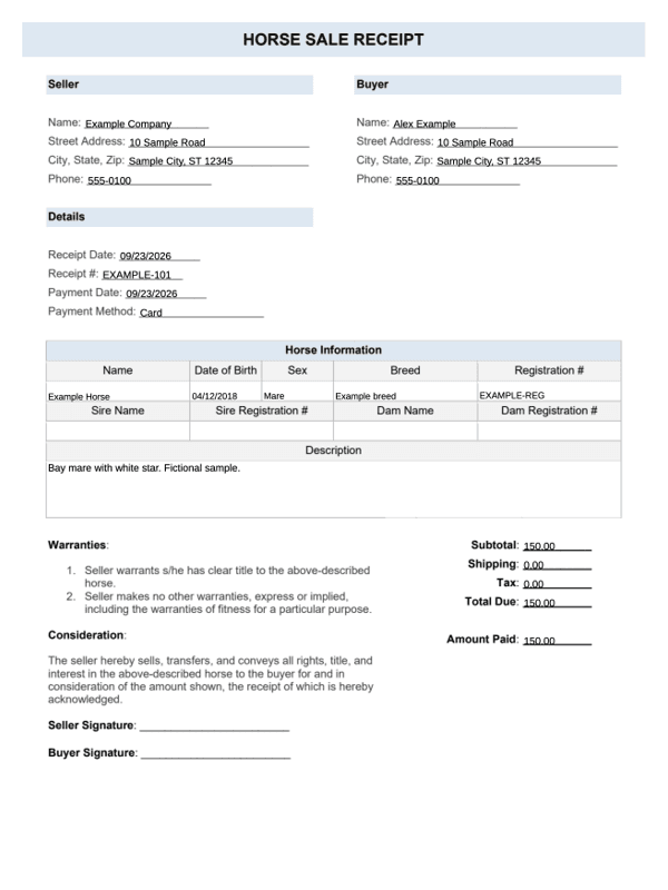 Horse Sale Receipt editable example