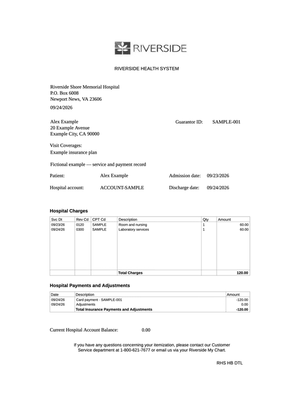 Hospital Inpatient Payment Receipt editable example
