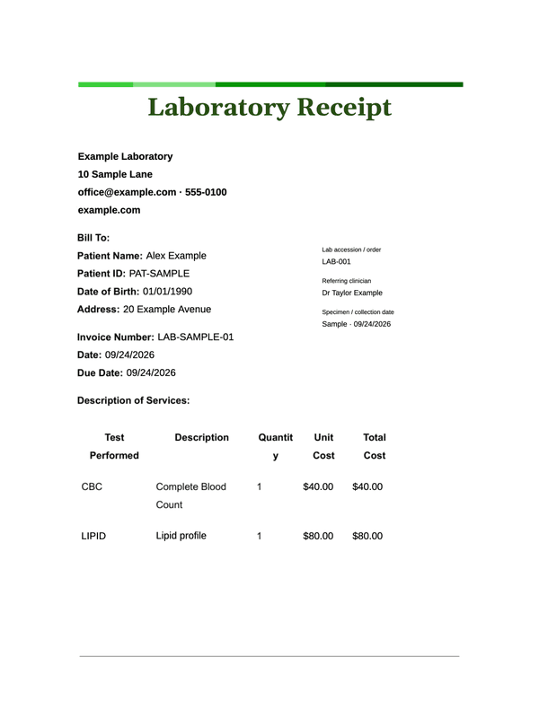 Hospital Laboratory Payment Receipt editable example