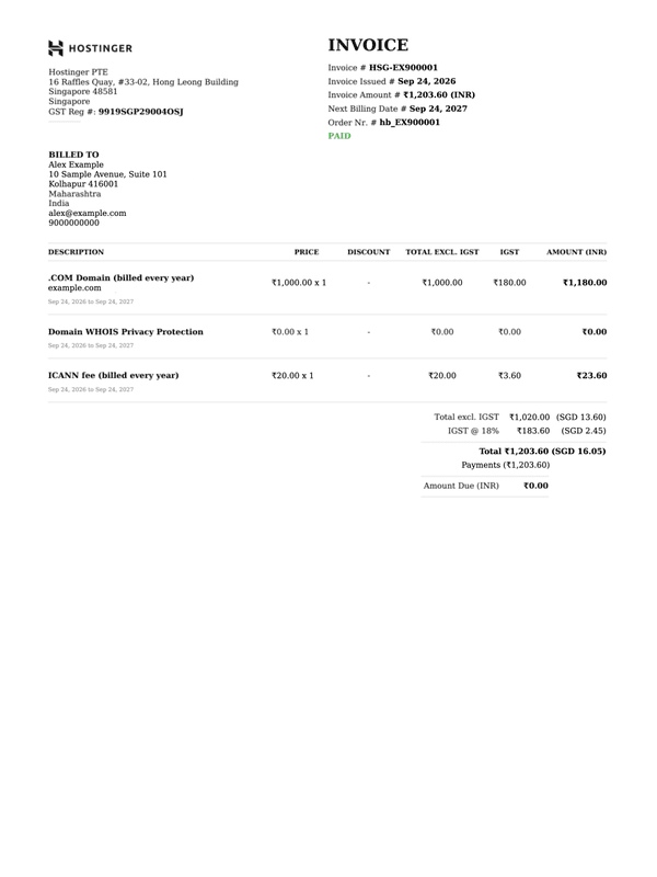 Hostinger Services Invoice editable example