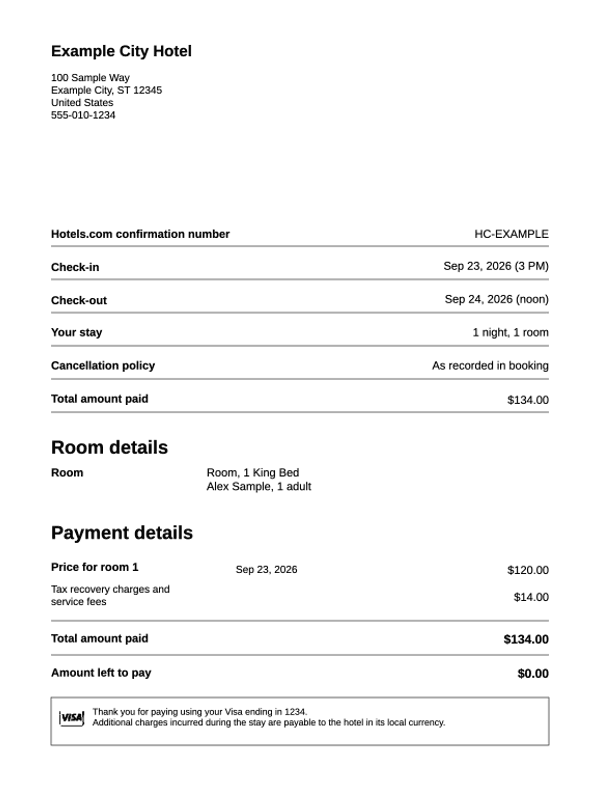 Hotels.com Booking Receipt editable example
