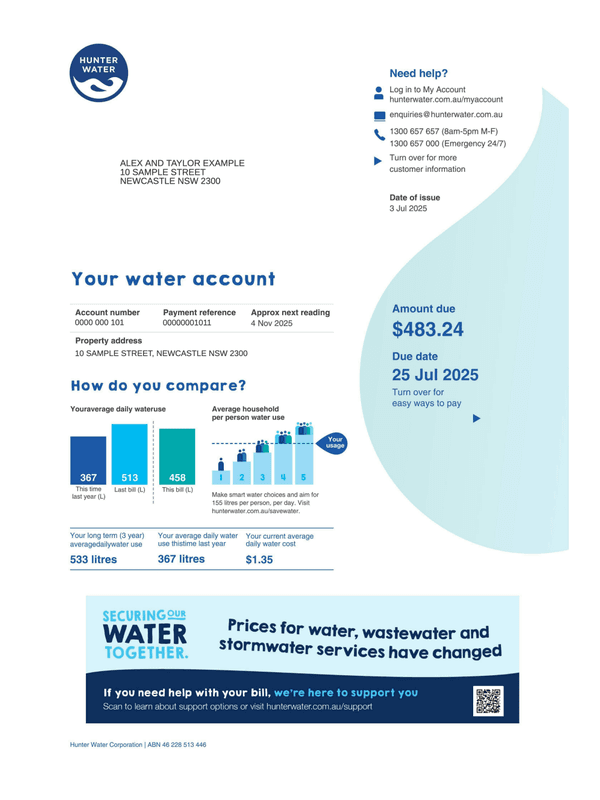 Hunter Water Bill editable example