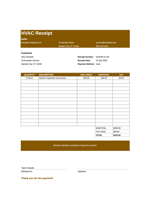 HVAC Service Receipt editable example