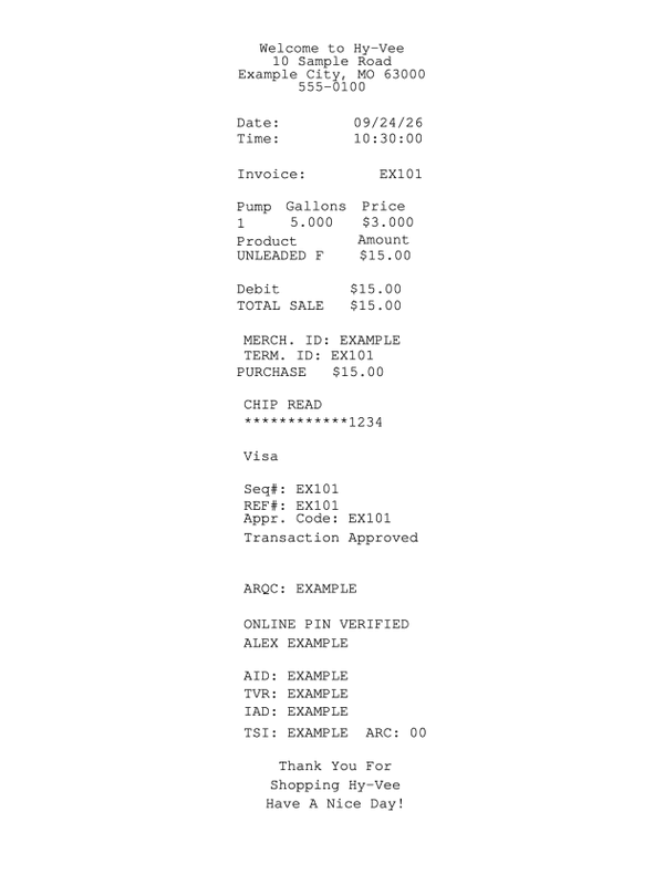 Hy-Vee Fuel Receipt editable example