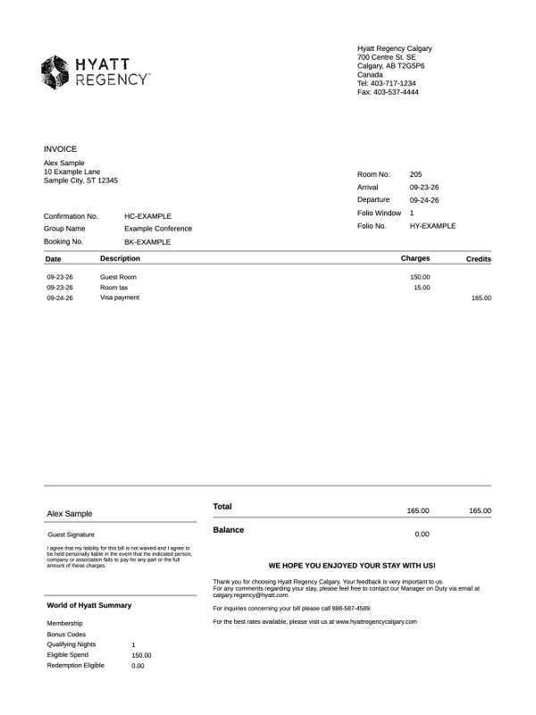 Hyatt Hotel Folio editable example
