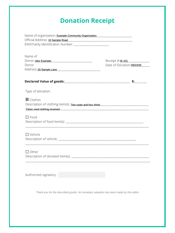 In-Kind Donation Receipt editable example