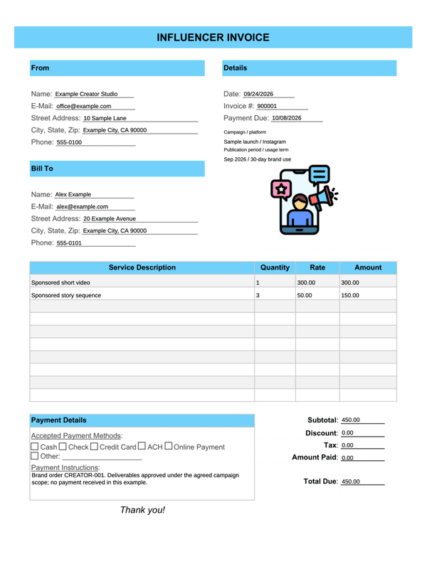 Influencer Campaign Invoice editable example