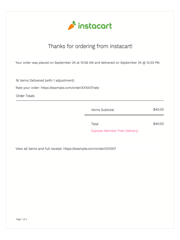 Instacart Receipt editable example