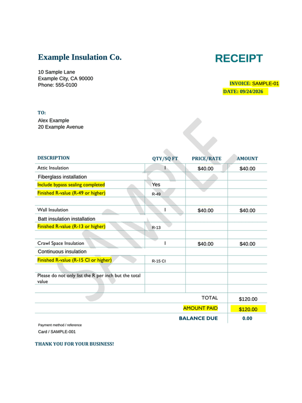 Insulation Installation Receipt editable example