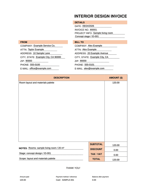 Interior Design Receipt editable example