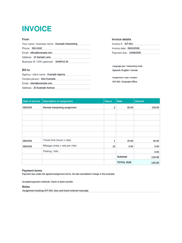 Interpreter Service Invoice editable example