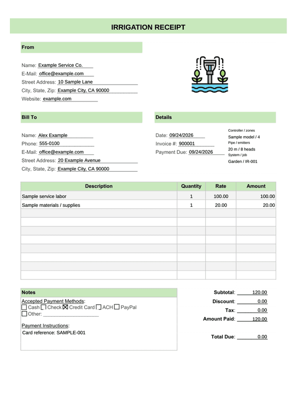 Irrigation Installation Receipt editable example