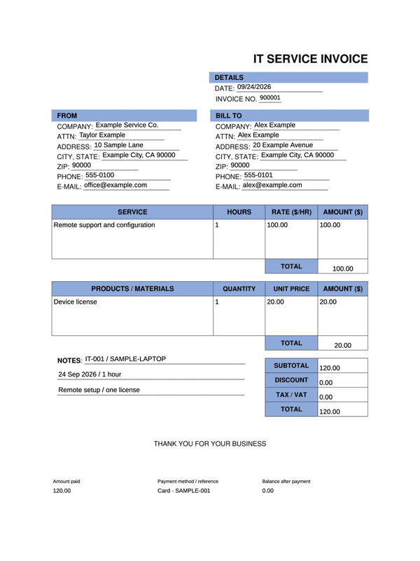 IT Support Receipt editable example
