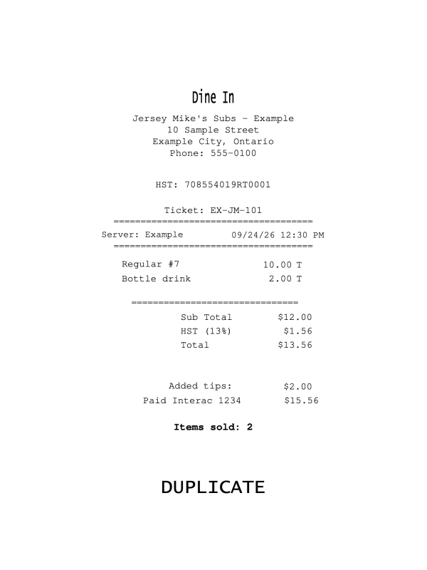 Jersey Mike's Receipt editable example