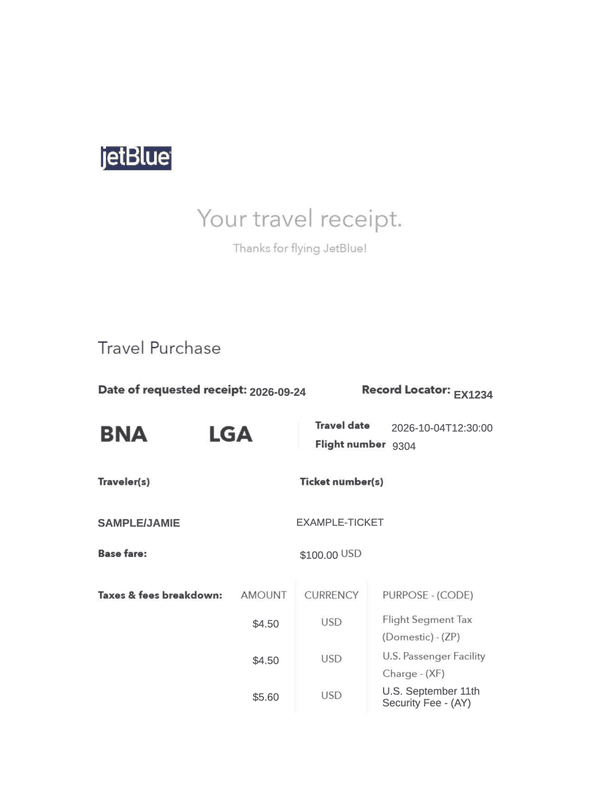 JetBlue Travel Receipt editable example