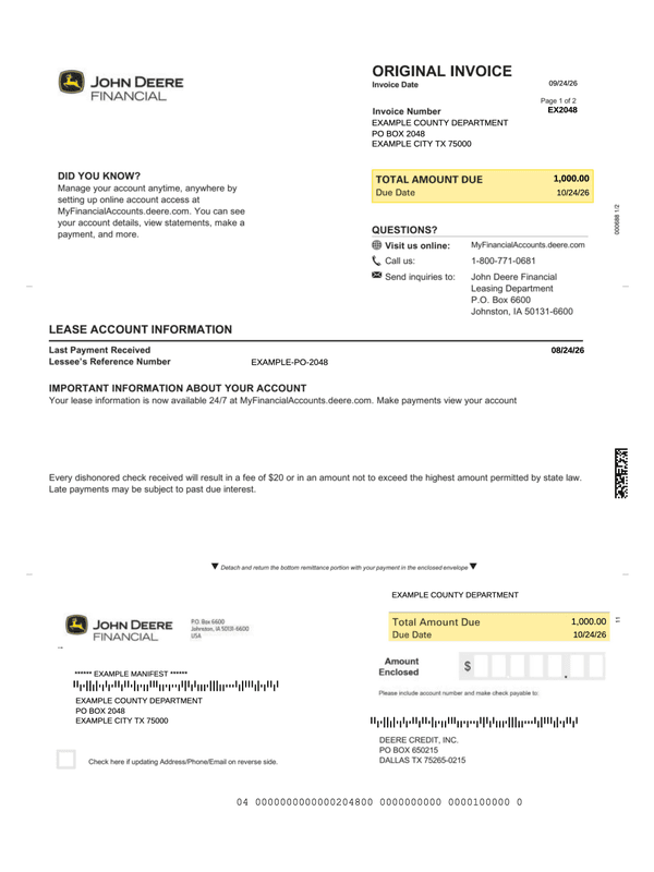 John Deere Financial Lease Invoice editable example