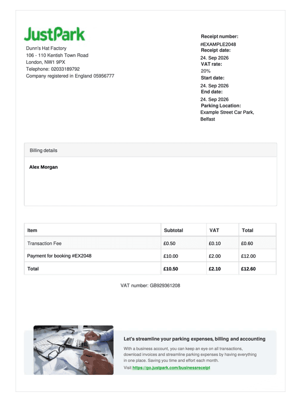 JustPark Booking Receipt editable example