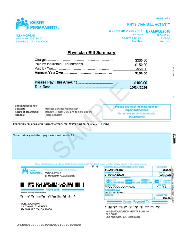 Kaiser Permanente Physician Bill editable example