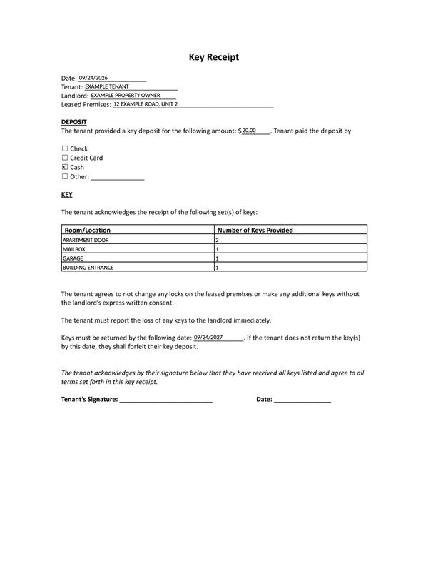 Key Deposit Receipt editable example