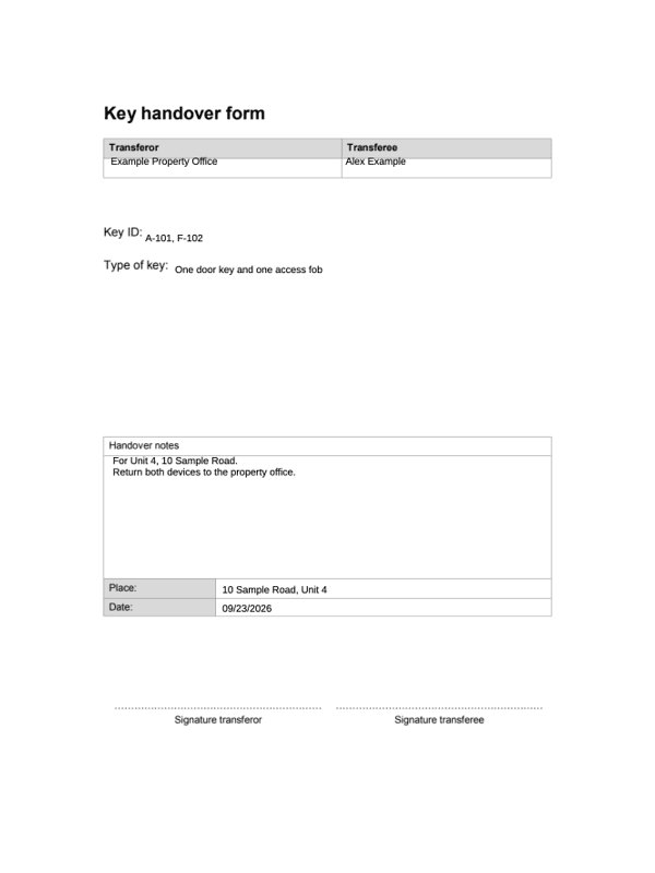 Key Handover Receipt editable example