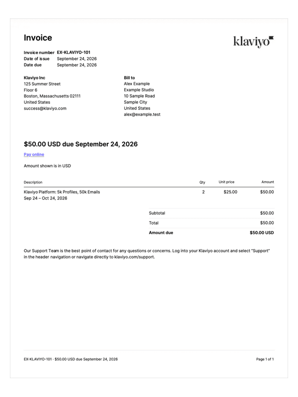 Klaviyo Subscription Invoice editable example