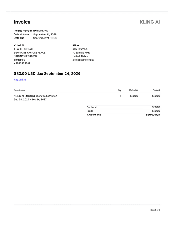 Kling AI Subscription Invoice editable example