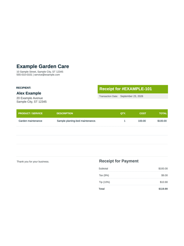 Landscaping Receipt editable example