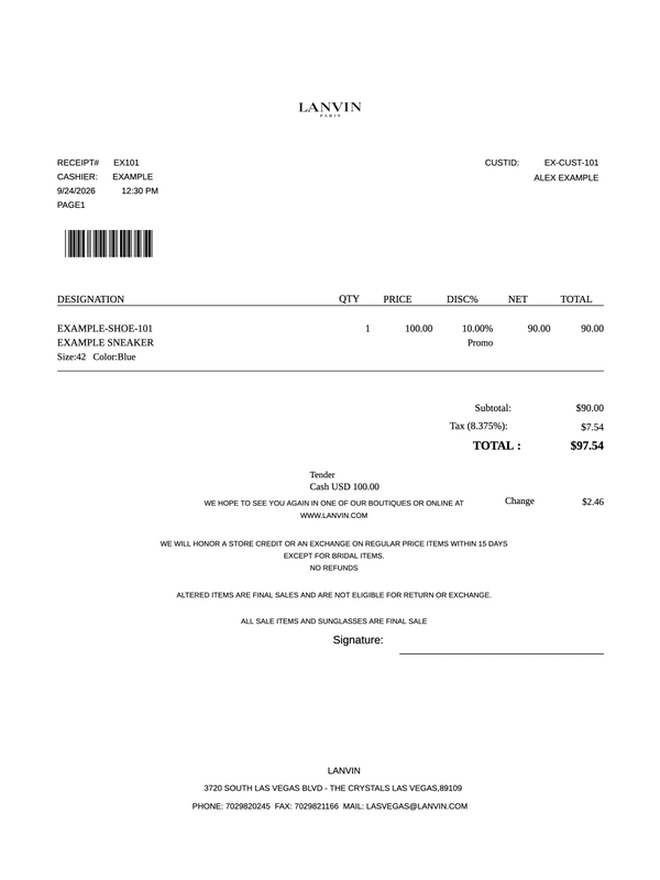 Lanvin Receipt editable example