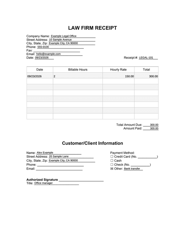 Law Firm Receipt editable example