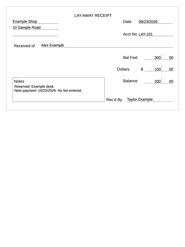 Layaway Payment Receipt editable example