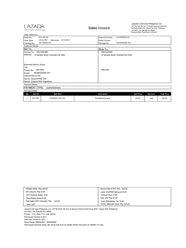 Lazada Receipt and Sales Invoice editable example