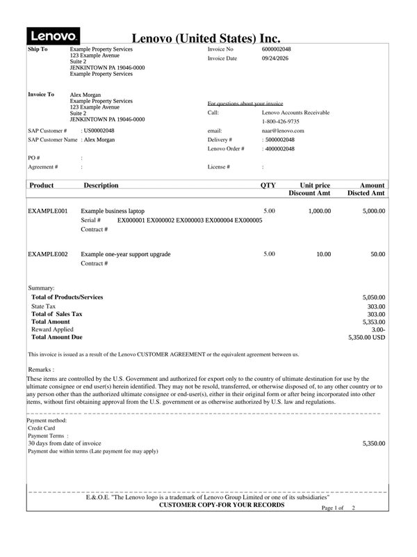 Lenovo Invoice and Remittance Instructions editable example