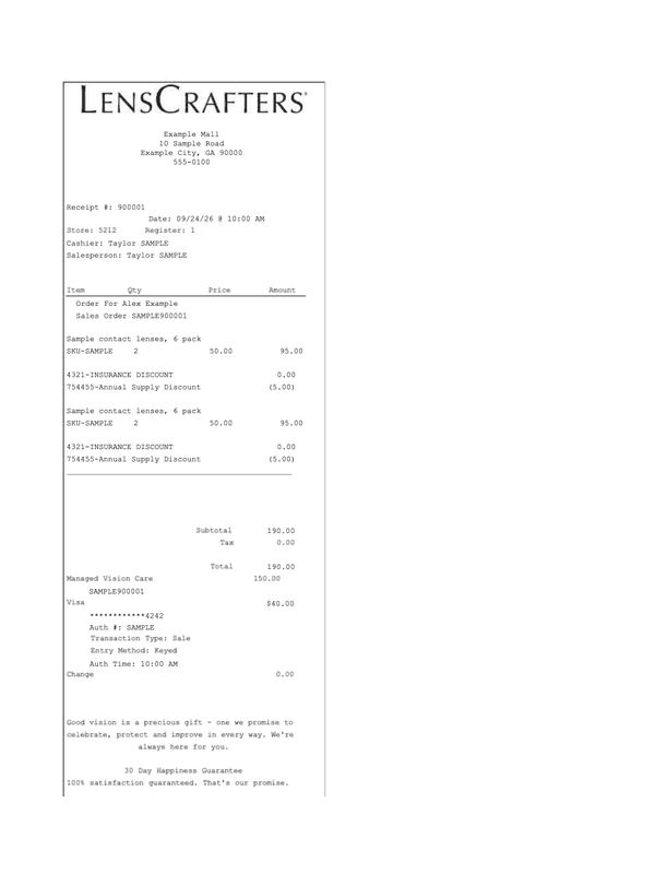 LensCrafters Receipt editable example